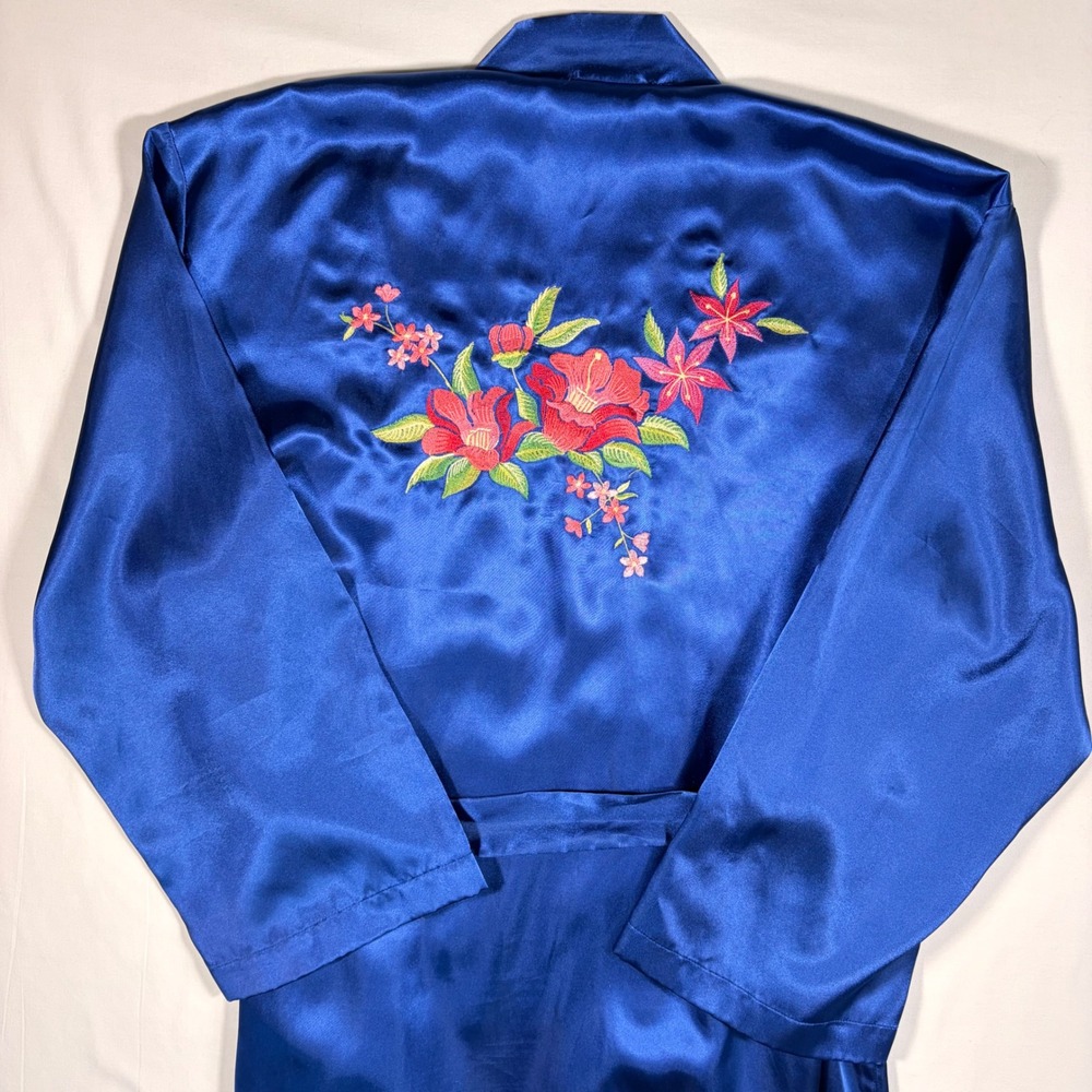 Sarah Spencer Intimates Royal Blue Satin Embroidered‎ Robe Kimono Medium Belt